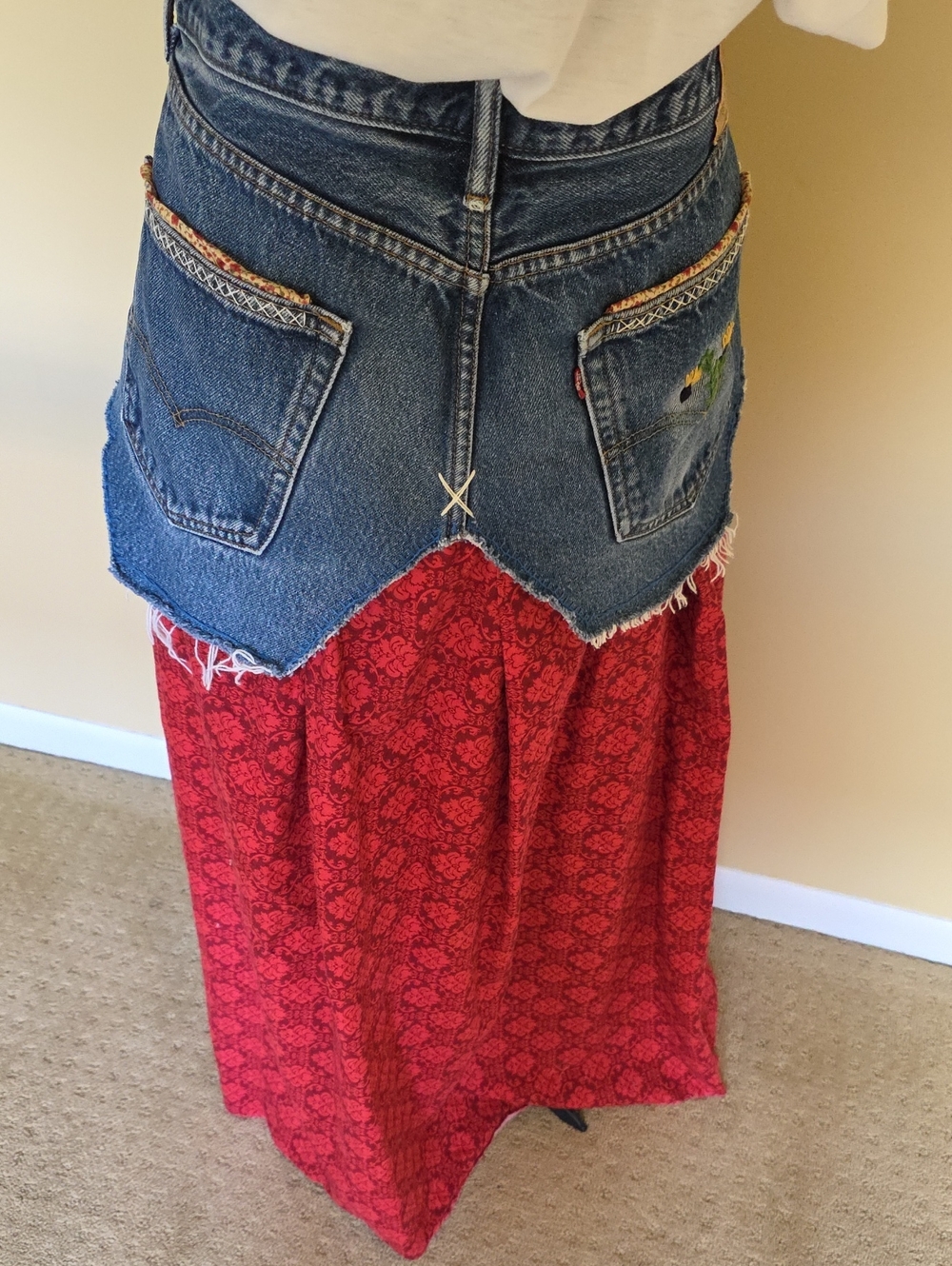 HAND CRAFTED Maxi Skirt UPCYCLED Blue Denim Dragonfly Fringed  Red Print Size 12 - Picture 3 of 9